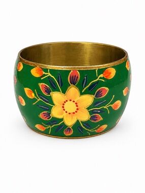 Vintage Green Floral Enamel Wide Bangle‎ Bracelet Gold Tone